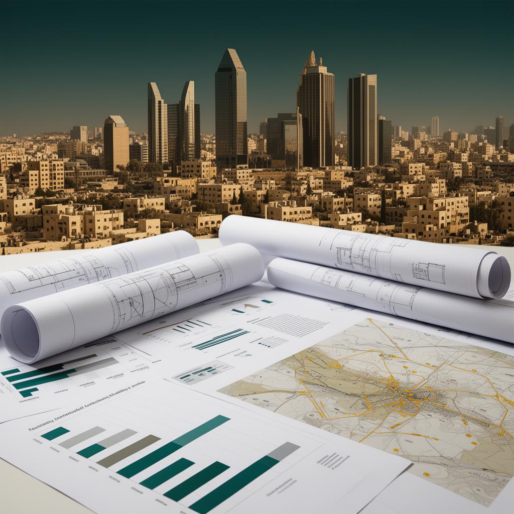 Feasibility plans and infrastructure analysis laid out against the Amman skyline