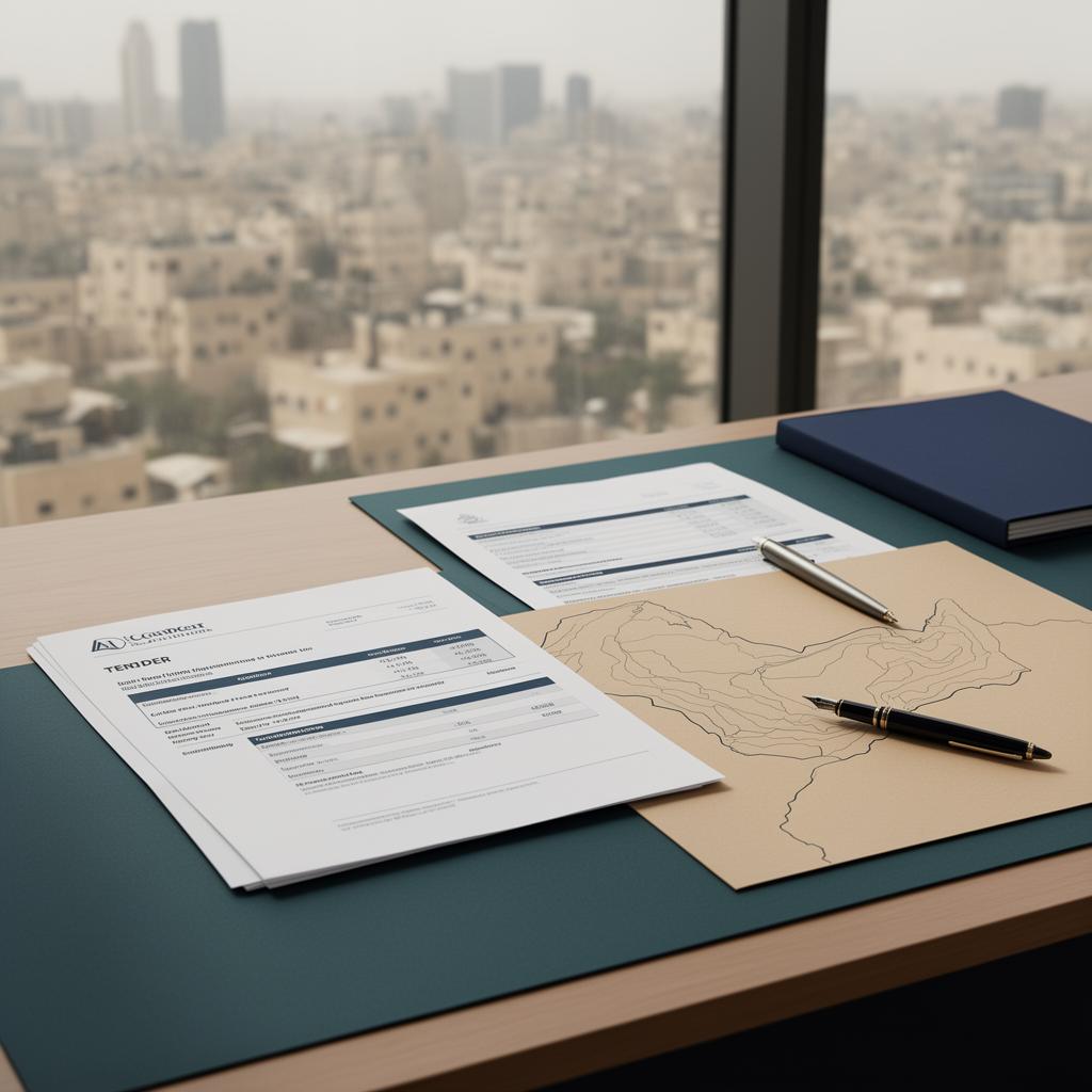 Tender documents and a Jordan map on a strategy desk overlooking Amman